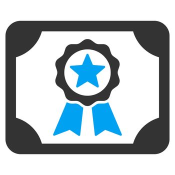 Certificate icon from Business Bicolor Set. Glyph style is bicolor flat symbol, blue and gray colors, rounded angles, white background.