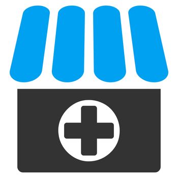 Drugstore icon from Business Bicolor Set. Glyph style is bicolor flat symbol, blue and gray colors, rounded angles, white background.