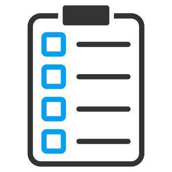 Examination icon from Business Bicolor Set. Glyph style is bicolor flat symbol, blue and gray colors, rounded angles, white background.