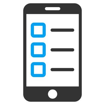Mobile test icon from Business Bicolor Set. Glyph style is bicolor flat symbol, blue and gray colors, rounded angles, white background.