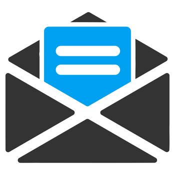 Open mail icon from Business Bicolor Set. Glyph style is bicolor flat symbol, blue and gray colors, rounded angles, white background.