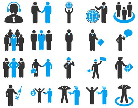 Management and people occupation icon set. These flat bicolor symbols use modern corporate light blue and gray colors. Glyph images are isolated on a white background. Angles are rounded.