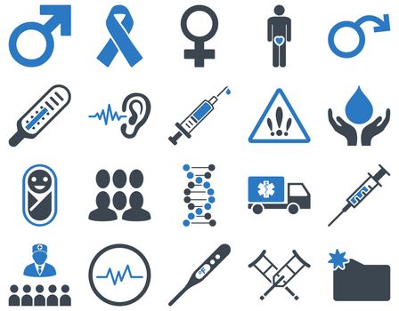 Medical icon set. Style: bicolor icons drawn with smooth blue colors on a white background.