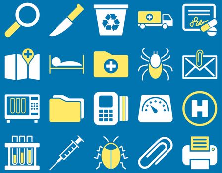 Medical icon set. Style: bicolor icons drawn with yellow and white colors on a blue background.