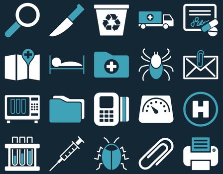 Medical icon set. Style: bicolor icons drawn with blue and white colors on a dark blue background.