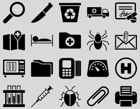 Medical icon set. Style: icons drawn with black color on a light gray background.