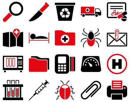 Medical icon set. Style: bicolor icons drawn with intensive red and black colors on a white background.