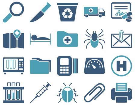 Medical icon set. Style: bicolor icons drawn with cyan and blue colors on a white background.