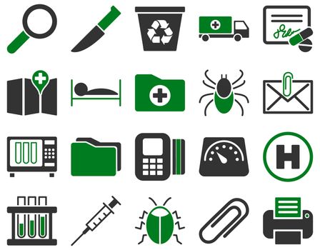 Medical icon set. Style: bicolor icons drawn with green and gray colors on a white background.