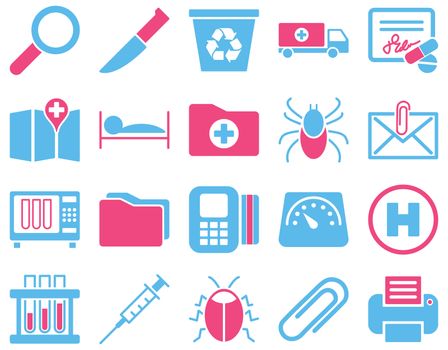 Medical icon set. Style: bicolor icons drawn with pink and blue colors on a white background.