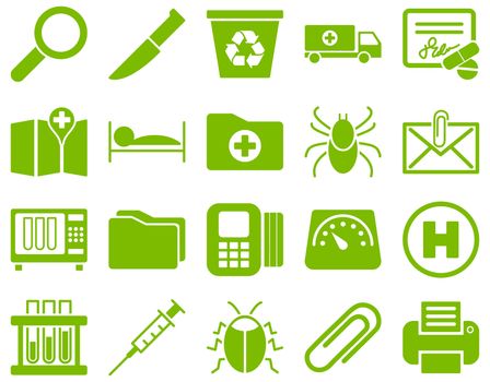 Medical icon set. Style: icons drawn with eco green color on a white background.