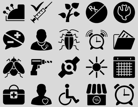 Medical icon set. Style: icons drawn with black color on a light gray background.