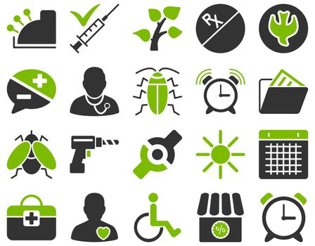 Medical icon set. Style: bicolor icons drawn with eco green and gray colors on a white background.