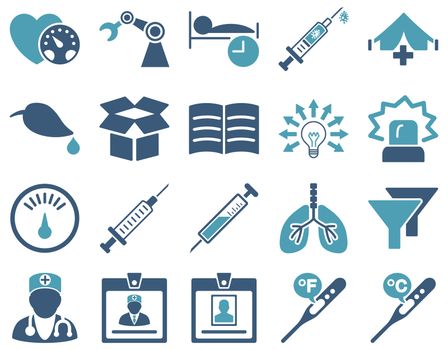 Medical icon set. Style: bicolor icons drawn with cyan and blue colors on a white background.