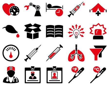 Medical icon set. Style: bicolor icons drawn with intensive red and black colors on a white background.