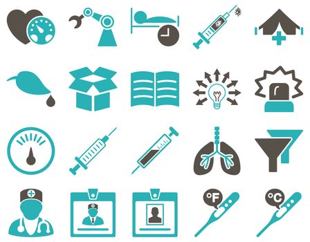 Medical icon set. Style: bicolor icons drawn with grey and cyan colors on a white background.