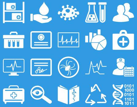 Medical icon set. Style: icons drawn with white color on a blue background.