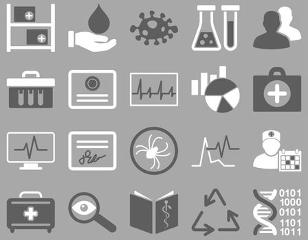 Medical icon set. Style: bicolor icons drawn with dark gray and white colors on a gray background.