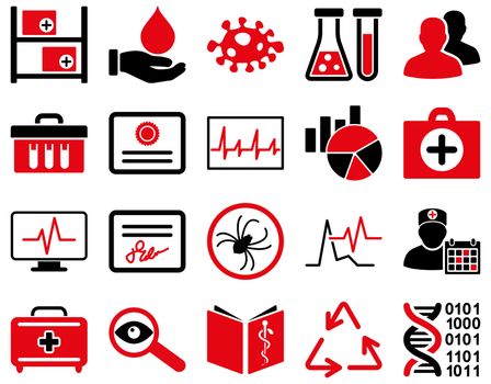 Medical icon set. Style: bicolor icons drawn with intensive red and black colors on a white background.