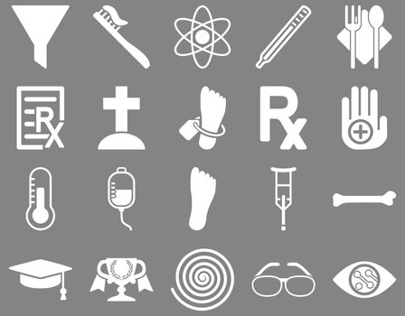 Medical icon set. Style: icons drawn with white color on a gray background.