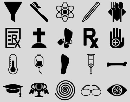 Medical icon set. Style: icons drawn with black color on a light gray background.