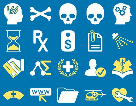 Medical icon set. Style: bicolor icons drawn with yellow and white colors on a blue background.