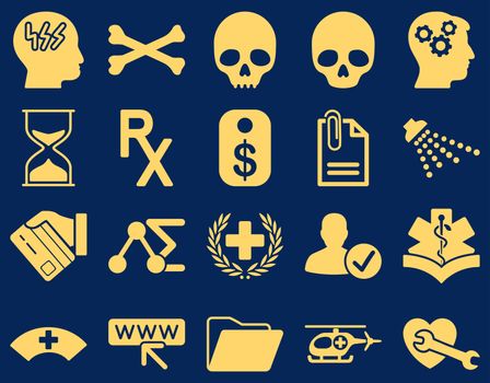 Medical icon set. Style: icons drawn with yellow color on a blue background.