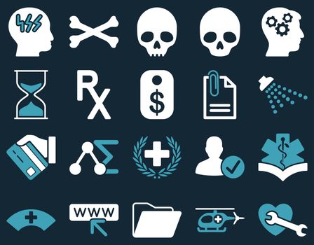 Medical icon set. Style: bicolor icons drawn with blue and white colors on a dark blue background.