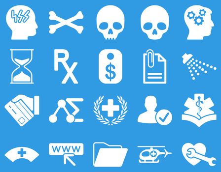 Medical icon set. Style: icons drawn with white color on a blue background.