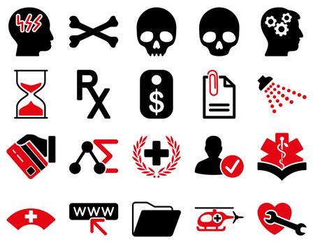 Medical icon set. Style: bicolor icons drawn with intensive red and black colors on a white background.