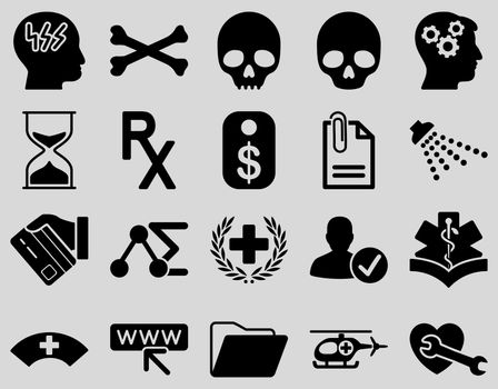 Medical icon set. Style: icons drawn with black color on a light gray background.