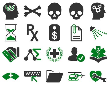 Medical icon set. Style: bicolor icons drawn with green and gray colors on a white background.