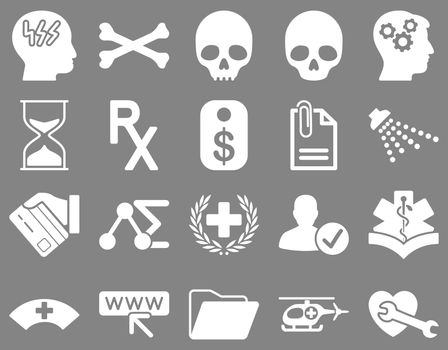 Medical icon set. Style: icons drawn with white color on a gray background.