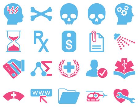 Medical icon set. Style: bicolor icons drawn with pink and blue colors on a white background.