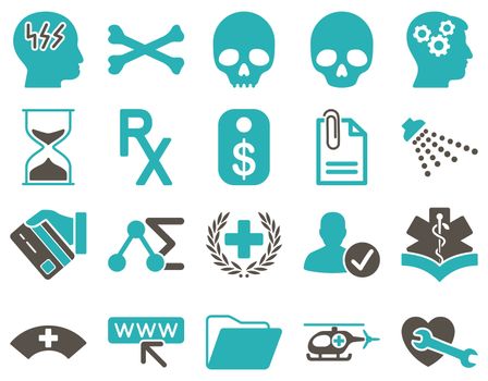 Medical icon set. Style: bicolor icons drawn with grey and cyan colors on a white background.