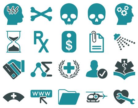 Medical icon set. Style: bicolor icons drawn with soft blue colors on a white background.