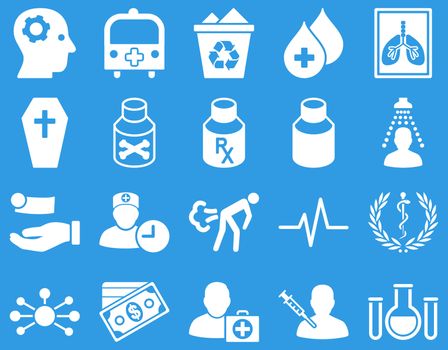 Medical icon set. Style: icons drawn with white color on a blue background.