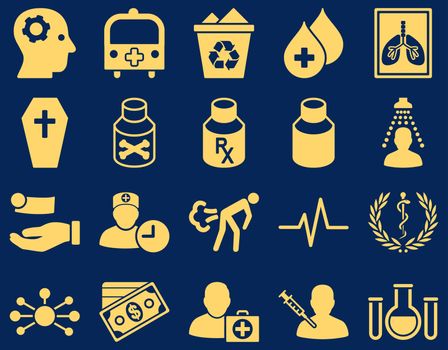 Medical icon set. Style: icons drawn with yellow color on a blue background.