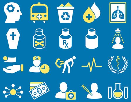 Medical icon set. Style: bicolor icons drawn with yellow and white colors on a blue background.