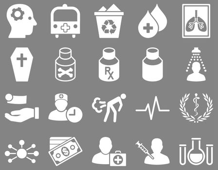 Medical icon set. Style: icons drawn with white color on a gray background.