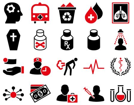 Medical icon set. Style: bicolor icons drawn with intensive red and black colors on a white background.