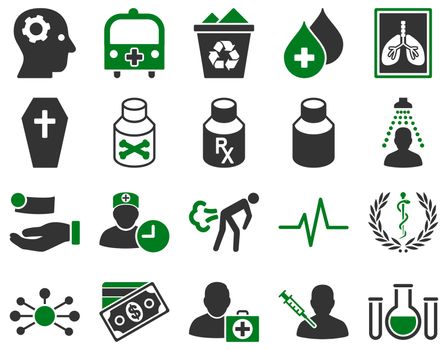 Medical icon set. Style: bicolor icons drawn with green and gray colors on a white background.