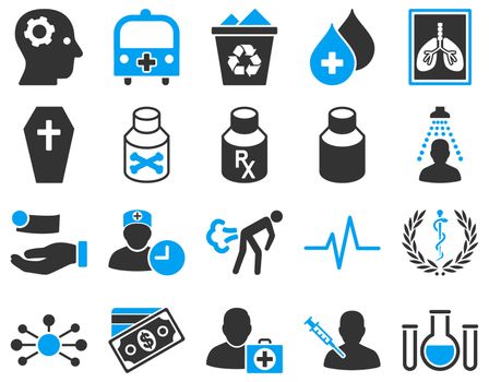 Medical icon set. Style: bicolor icons drawn with blue and gray colors on a white background.