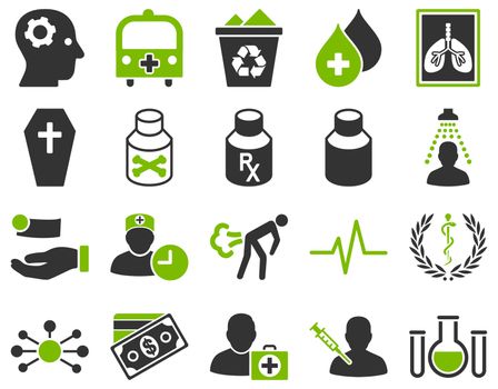 Medical icon set. Style: bicolor icons drawn with eco green and gray colors on a white background.