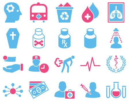 Medical icon set. Style: bicolor icons drawn with pink and blue colors on a white background.