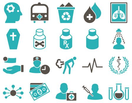 Medical icon set. Style: bicolor icons drawn with grey and cyan colors on a white background.