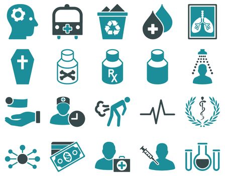 Medical icon set. Style: bicolor icons drawn with soft blue colors on a white background.