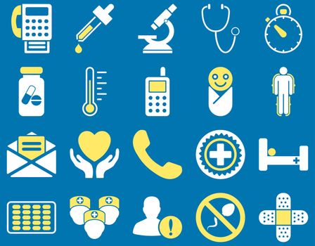 Medical icon set. Style: bicolor icons drawn with yellow and white colors on a blue background.