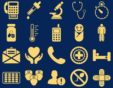 Medical icon set. Style: icons drawn with yellow color on a blue background.