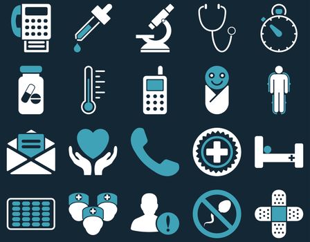 Medical icon set. Style: bicolor icons drawn with blue and white colors on a dark blue background.